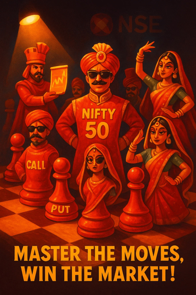 Decorative illustration of Nifty 50 as a chess player with Call and Put options pieces