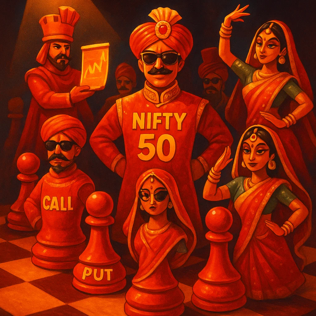Decorative illustration of Nifty 50 as a chess player with Call and Put options pieces