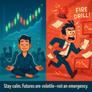 Illustration contrasting a calm trader with a panicking trader during market volatility