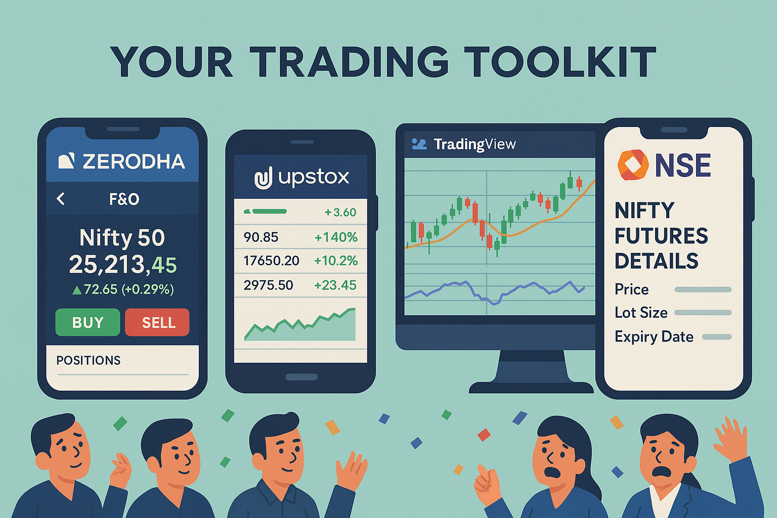 Illustration of four trading platforms: Zerodha, Upstox, TradingView and NSE with trader reactions