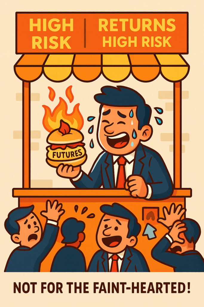 Illustration of a street food vendor serving a high risk futures burger to anxious customers