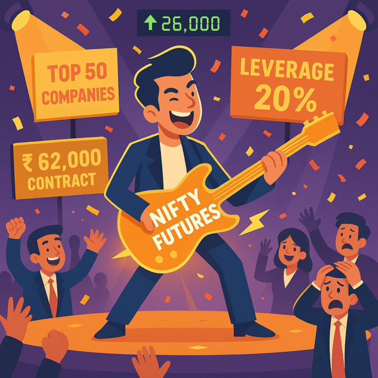 Illustration of a rock star representing Nifty Futures trading with leverage and contract details